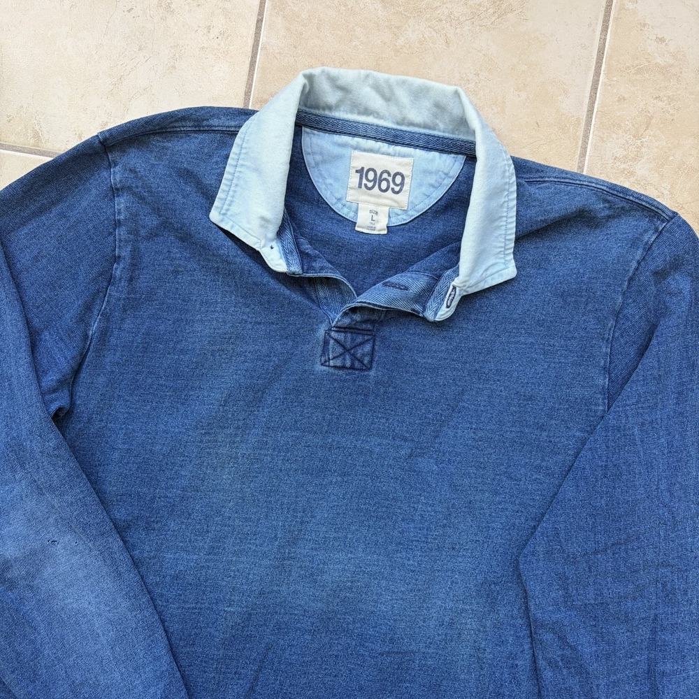 Gap Rugby Shirt Mens Large Tall Blue Indigo Denim Polo Distressed Faded Grunge - Picture 2 of 11